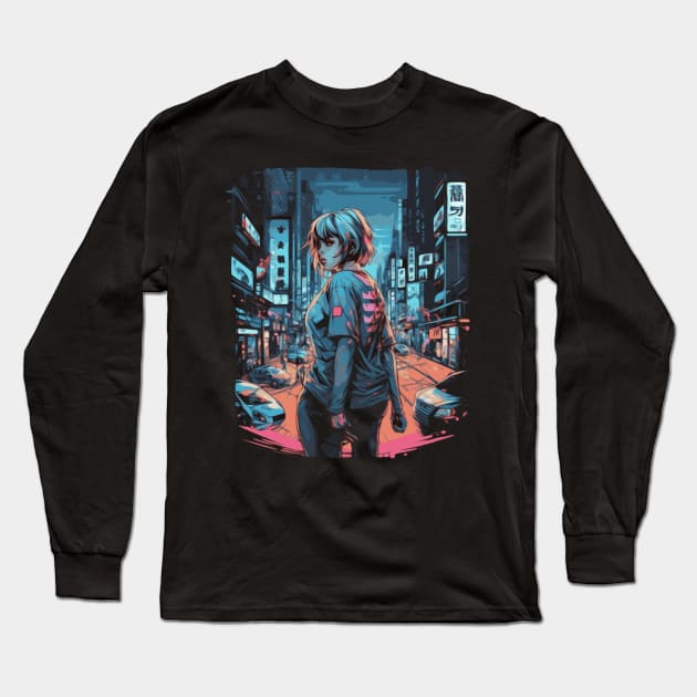 Cyberpunk Anime Aesthetic in Tokyo Japan Long Sleeve T-Shirt by Pixy Official